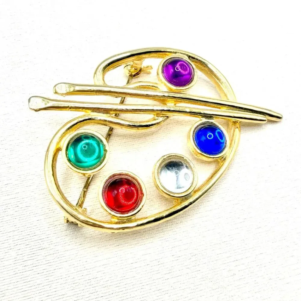 Vintage MJENT VTG Jeweled Gold Tone Artist's Paint Brush Palette Pin Brooch